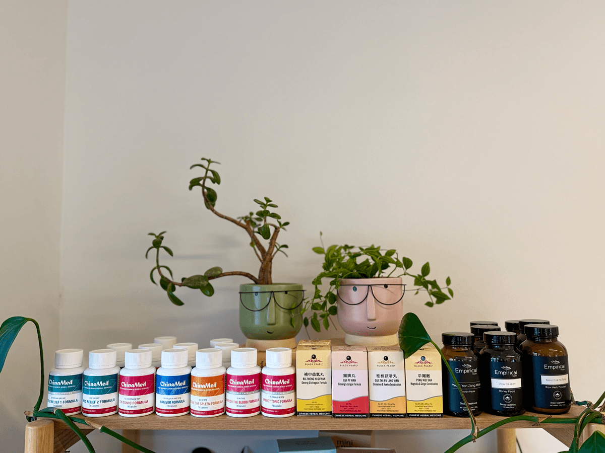 Shelf with rows of Chinese medicine inside a shop in Brisbane